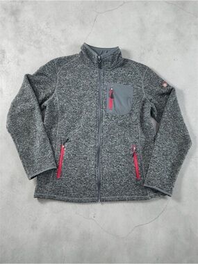Vintage Y2K Swiss Tech Gray Full-Zip Jacket with Red Accents